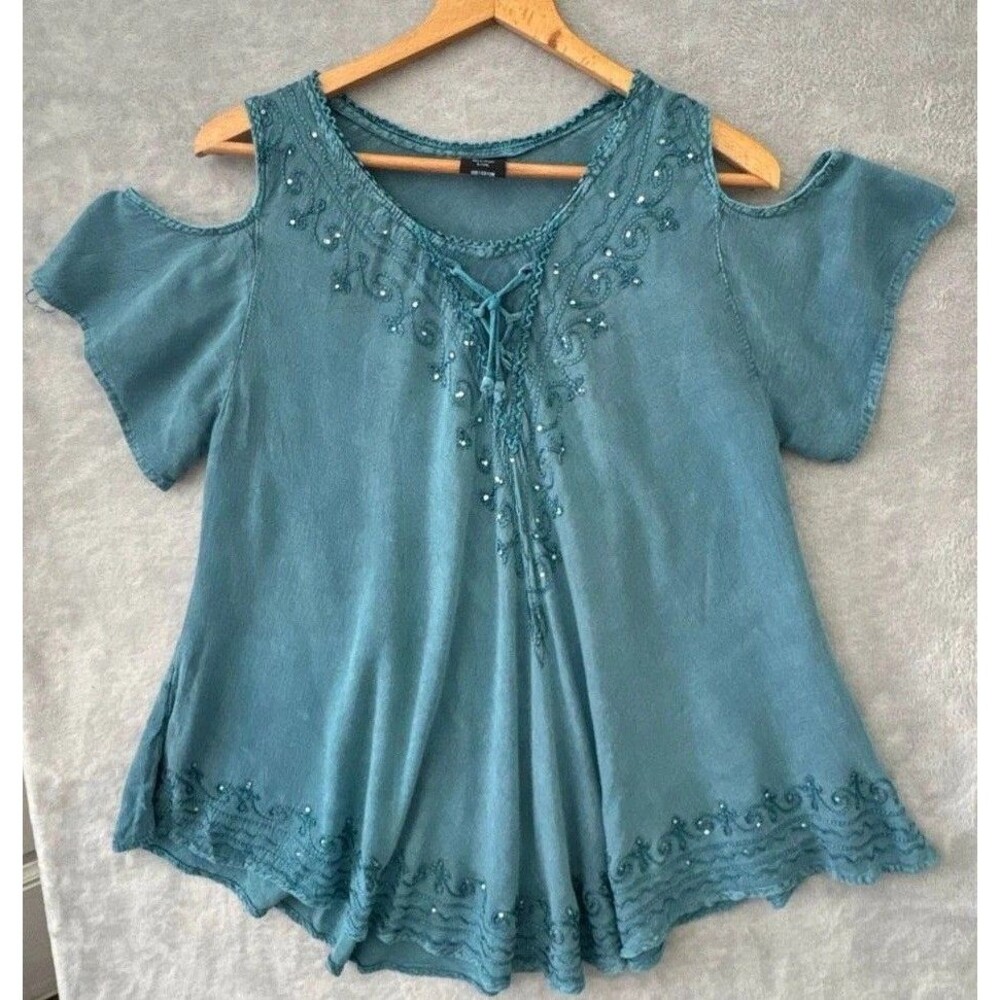 Seven Islands Women's L XL Teal Cold Shoulder Embroidered Boho Tunic Top